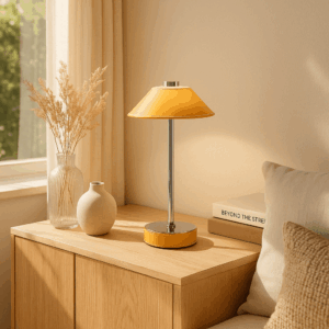 Gele USB oplaadbare LED tafellamp in leer en chroom dimbaar voor thuiswerkplek