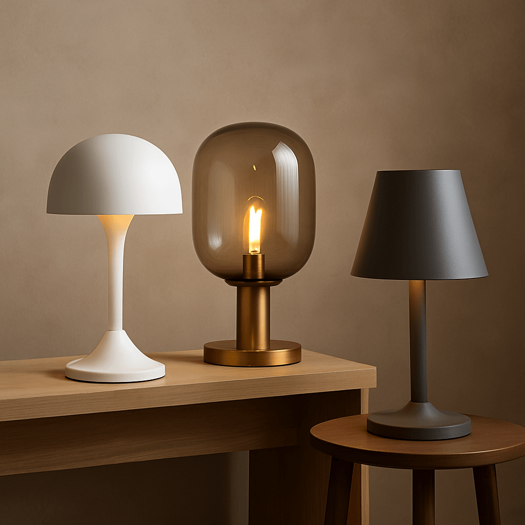 Design tafellampen van glas en metaal met moderne vormen en luxe uitstraling