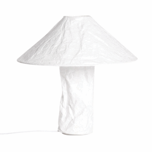 witte papieren tafellamp met brede kap en uniek design