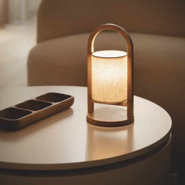 Scandinavische tafellamp hout - LED - oplaadbaar - 30 cm hoog - natuurlijk - Afbeelding 2