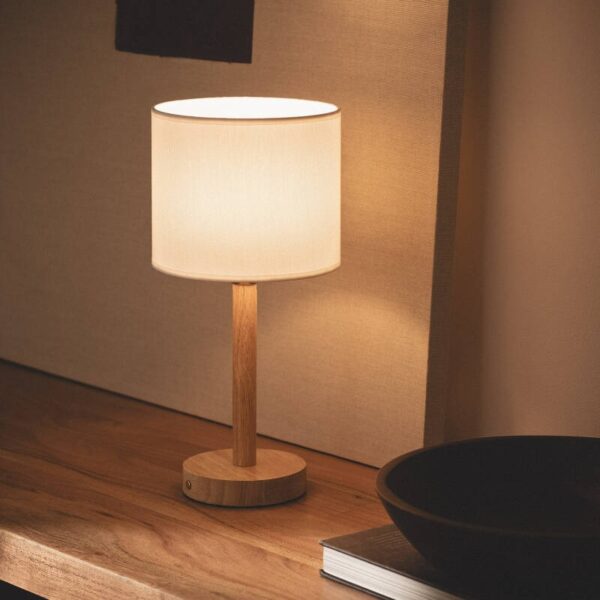 Scandinavische tafellamp - LED - oplaadbaar - 26 cm hoog - hout met witte kap - Afbeelding 1