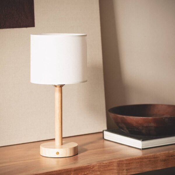 Scandinavische tafellamp - LED - oplaadbaar - 26 cm hoog - hout met witte kap - Afbeelding 2