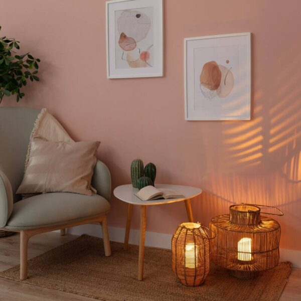 Tafellamp met afstandsbediening - rotan - met led kaarsen - 38 cm hoog -  natuurlijk vlechtwerk - Afbeelding 2